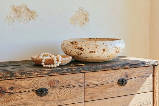 Closeup of a dark patinated oak island dresser surface featuring decorative bowls and a pearl necklace, showcasing rustic home decor elements in a bright interior setting