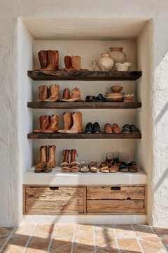 Tuscan walk-in wardrobe shoe corner featuring dark oak shelves with various styles of footwear, including boots, sandals, and decorative pottery