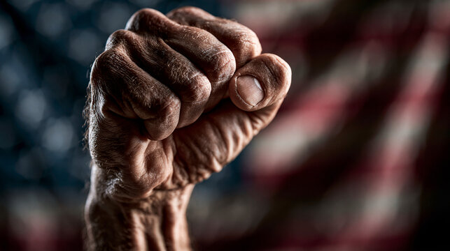Close up of a weathered senior man raising his wrinkled fist in a powerful gesture of strength and determination against a soft blurred background featuring the national american flag colors