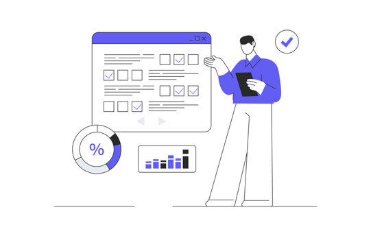 Quality Evaluation Form and Online Questionnaire Marking Answers. Male Manager Character Adjusting Analytical Dashboard Settings and Chart. Flat Cartoon Vector Illustration, icon Stylish abstract web