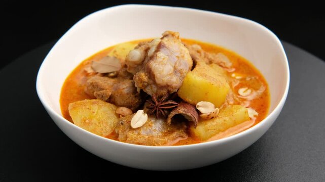 Massaman Curry with baby pork ribs (pork cartilage).Cooked pork meat and potatoes groundnut with massaman curry paste in coconut milk on white bowl.asian food.
