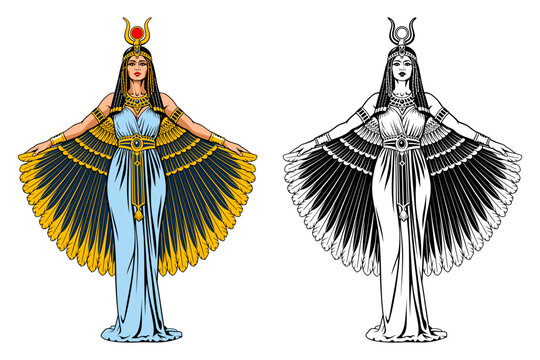 Isis. Ancient Egyptian Goddess. Color and black and white versions.