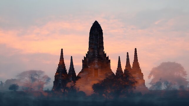 Ancient temple silhouette with tall spires at sunrise, framed by mist and trees, creating a serene and mystical atmosphere.