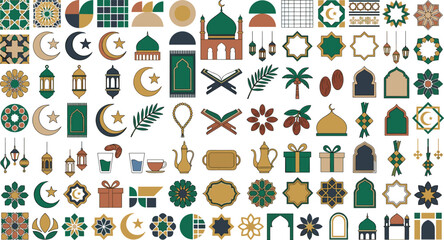Islamic Ramadan Kareem and Eid Mubarak decorative elements collection with mosque crescent moon lanterns geometric patterns vector illustration isolated on white