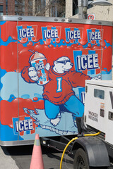 Obraz premium illustration of polar bear with sunglasses and a drink on the side of a promotional/advertising vehicle for ICEE at Salsa on St Clair, Toronto (morning, 11 July 2026)