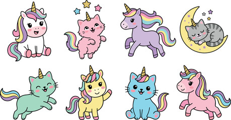 Cute caticorn and magical unicorn cartoon character vector sticker set featuring funny rainbow kittens sleeping on crescent moon isolated on white background © Mdjony
