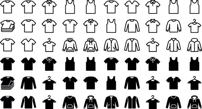 Apparel and clothing icon set featuring t shirts polos tank tops hoodies jackets flat line and solid glyph interface design vector