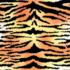 Obraz premium Tiger leather seamless pattern. Vector wild animal skin detailed texture, black stripes fur print on white and orange gradient background. Abstract jungle safari texture for fabric, decor, fashion.