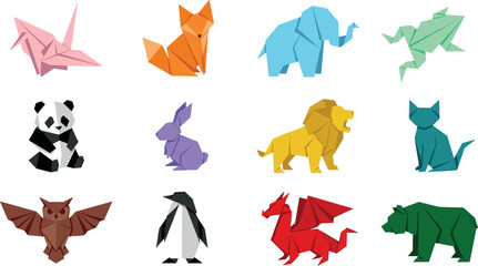 Cute colorful geometric origami animals set vector illustration including panda fox elephant dragon lion bear isolated on white © Mdjony