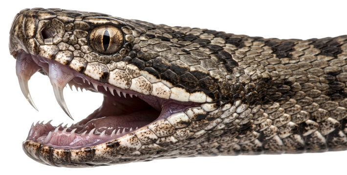 close up of an aggressive common european adder (vipera berus) showing its venomous fangs on transparent background