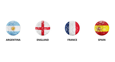 Obraz premium International football tournament semi finalists editable vector graphic template. Argentina, England, France, and Spain national flag 3D soccer balls isolated on white background.
