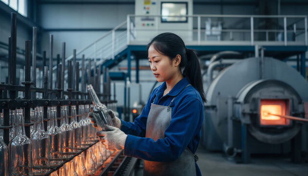 Asian female glassblower in blue uniform and gloves handles glowing glass bottles on production line inside industrial furnace facility with dramatic fire glow