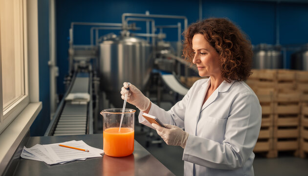 Female lab technician in white coat stirs orange beverage sample with glass rod at workbench in modern food production facility with industrial tanks in background