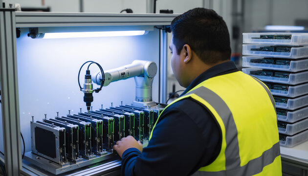 Male worker in yellow safety vest installs or inspects stacked hard drive units in illuminated server rack cabinet with robotic arm equipment in background