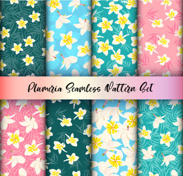 Palm leaves and Plumeria flowers seamless pattern set. Vector cute tropical Hawaiian flower print on blue, green, pink palm background. Cute summer flat texture collection for fabric, fashion, textile