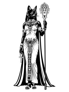 Bastet. Ancient Egyptian Goddess. Black and white vector clipart.