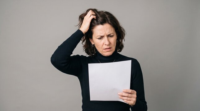 Confused woman looking at sheet of paper and scratching her head. Concept of memory loss, brain fog, forgetfulness