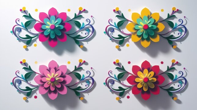 Colorful paper craft flowers with decorative floral swirls and leaves