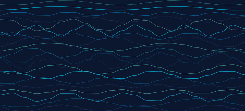 Glowing dark blue wavy line background layout. thin neon cyan curves, horizontal soundwaves, digital network flow. for technology pitch decks, cyber security web banners. vector art.