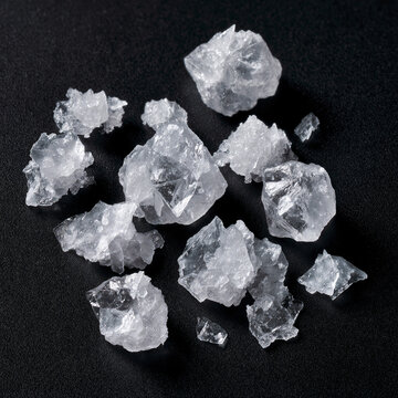 Coarse flaky sea salt crystals on a dark surface. Crisp, pure, and textured macro photography for culinary and gourmet food projects.