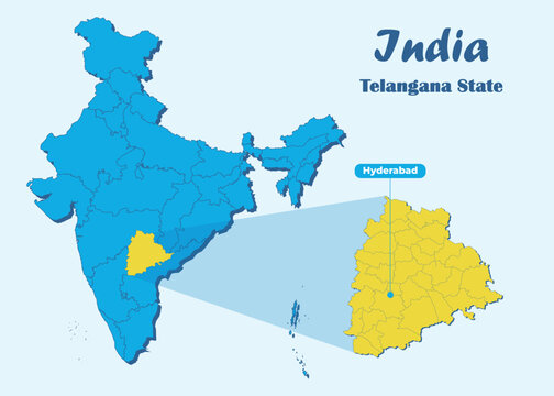 Telangana state highlighted in yellow in Indian map with editable vector illustration. Political map showing the location of Telangana with Hyderabad marked, suitable for education and travel.