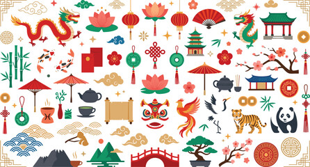 Chinese New Year cultural elements vector set with traditional dragon lanterns red envelopes panda pagoda and cherry blossom © Harlin_