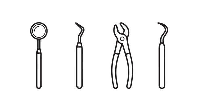 Dental tools icons set including mirror, explorer, forceps and sickle scaler for dental hygiene and oral care