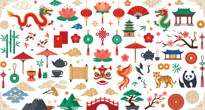 Chinese New Year cultural elements vector set with traditional dragon lanterns red envelopes panda pagoda and cherry blossom