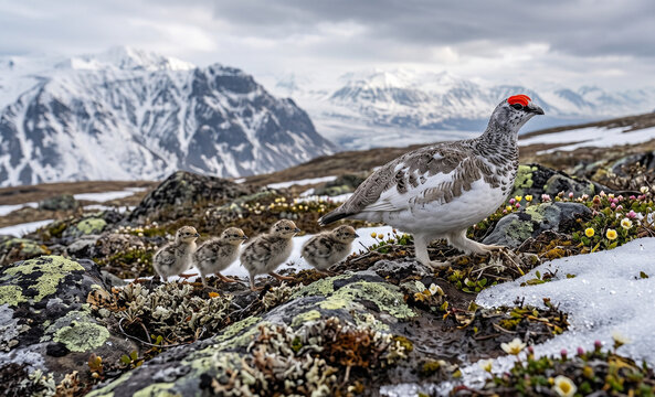 Rock Ptarmigan Family Crossing Arctic Landscape