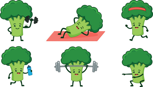 Cute funny broccoli cartoon character set doing fitness workouts weightlifting running and training exercises isolated on white background vector illustration