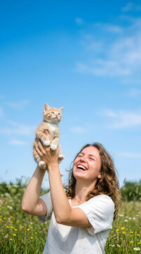 A happy young woman smiling and laughing while holding a small cute orange kitten high up in the air outdoors in a sunny green meadow under a bright blue sky on a warm summer day