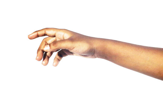 Human hand reaching out and touching something with index finger extended, side view, isolated on transparent background.