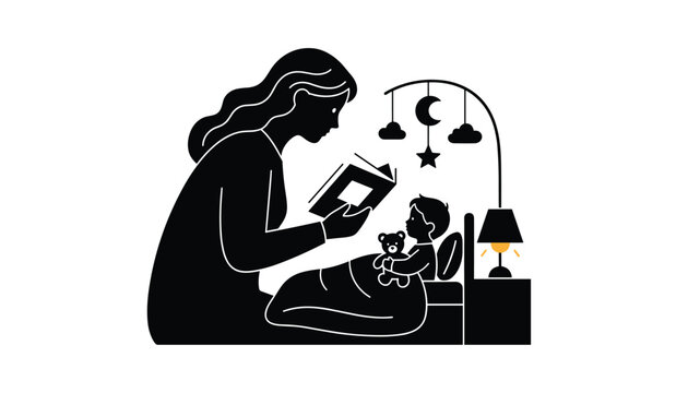 Mother reading a bedtime story to her young child tucked into bed with a teddy bear while a moon shaped lamp shines beside them.