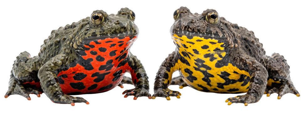 european fire-bellied toad (bombina bombina) and yellow-bellied toad (bombina variegata) sitting next to each other on transparent background