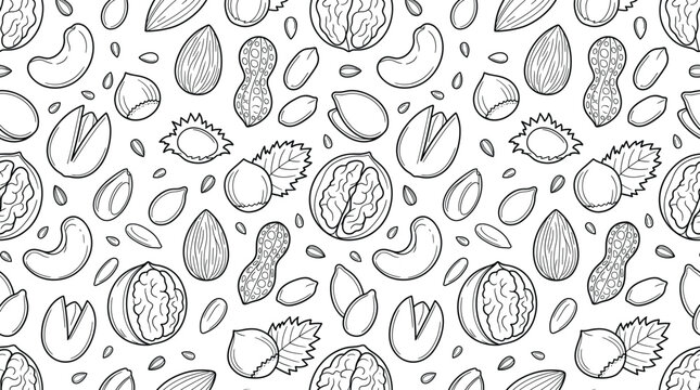 Nuts seamless pattern line vector background with walnut peanut almond cashew hazelnut pistachio