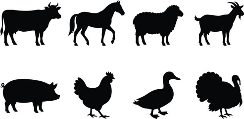 Fototapeta premium Farm animal silhouette vector illustration set featuring livestock and poultry for agriculture design