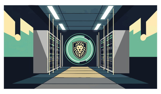 Futuristic digital glowing tunnel entrance with circular emblem and geometric patterns, concept for cybersecurity, virtual reality, tech innovation, corporate branding, and immersive gaming