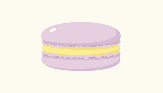 Sweet purple macaron cookie with a creamy yellow filling isolated on a soft cream-colored background.