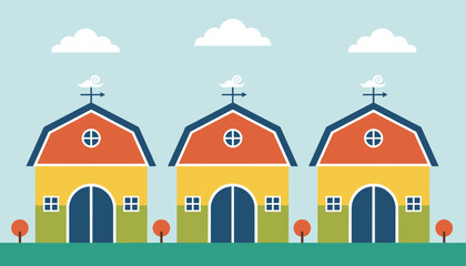 Fototapeta premium Row of three colorful traditional farm barns with weathervanes standing on green grass under a blue sky.