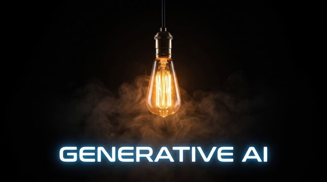 Glowing vintage edison bulb with smoke and generative ai text on black background