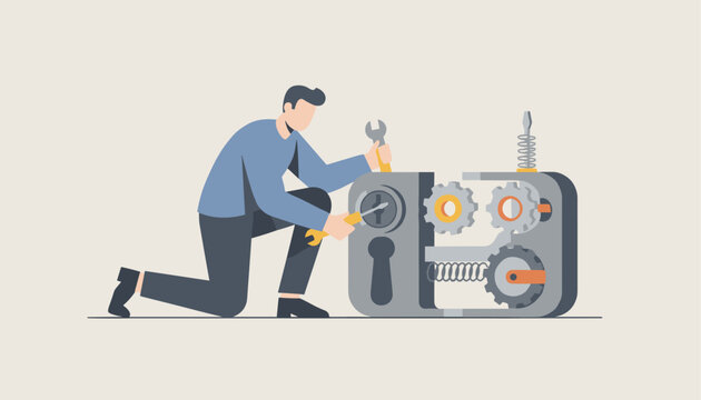 Professional technician kneeling and using tools to repair the complex internal gear mechanism of a lock system.