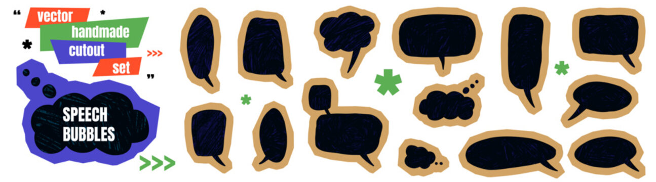 Scrapbook paper speech bubble stickers set with crayon texture for kid scrapbook. Doodle dialogue boxes with torn notebook shapes. Beige craft vector speech bubble icons for school sticker and promo