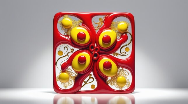 Abstract red and yellow decorative square object with circular patterns