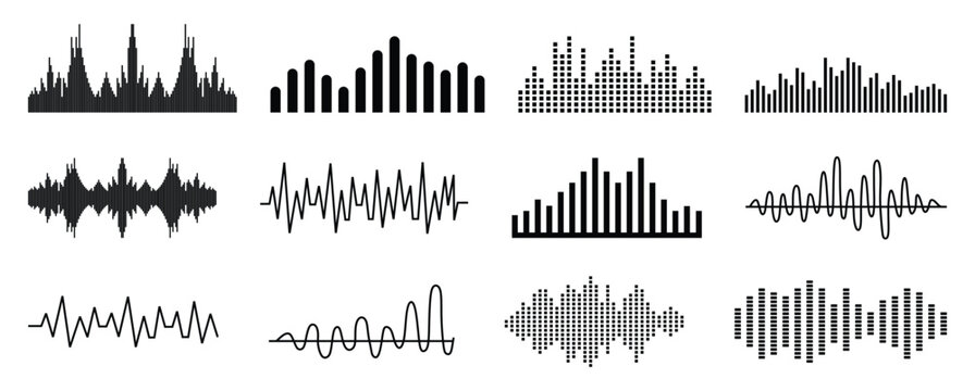 Audio Waveform and Sound Equalizer Elements Set Collection, Music Visualizer, Frequency Spectrum, Voice Signal and Digital Audio Icons Vector