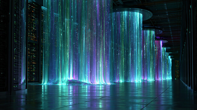 Futuristic data center with glowing digital light streams. High-tech, luminous, and cybernetic 3d render for advanced networking concepts.