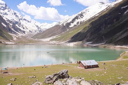 Panoramic View of Saif ul Malook Lake Surrounded by Snow Capped Mountains in Northern Pakistan