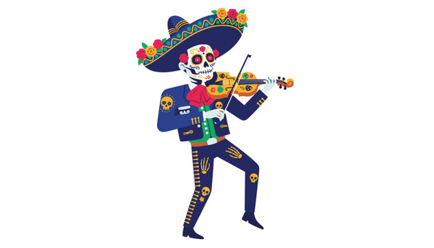 Skeleton mariachi musician dressed in traditional blue costume playing the violin for Day of the Dead celebration.