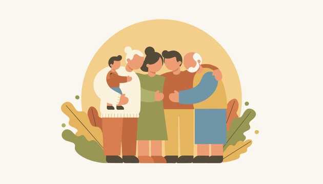 Warm family illustration showing three generations hugging together in a circle under a warm sunset glow.