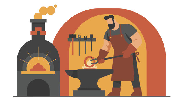 Strong professional blacksmith heating a metal horseshoe over a hot anvil next to a burning brick forge furnace.