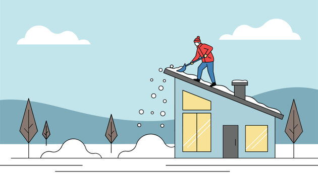 Active man in warm winter clothes shoveling thick white snow off the roof of a modern house on a cold winter day.